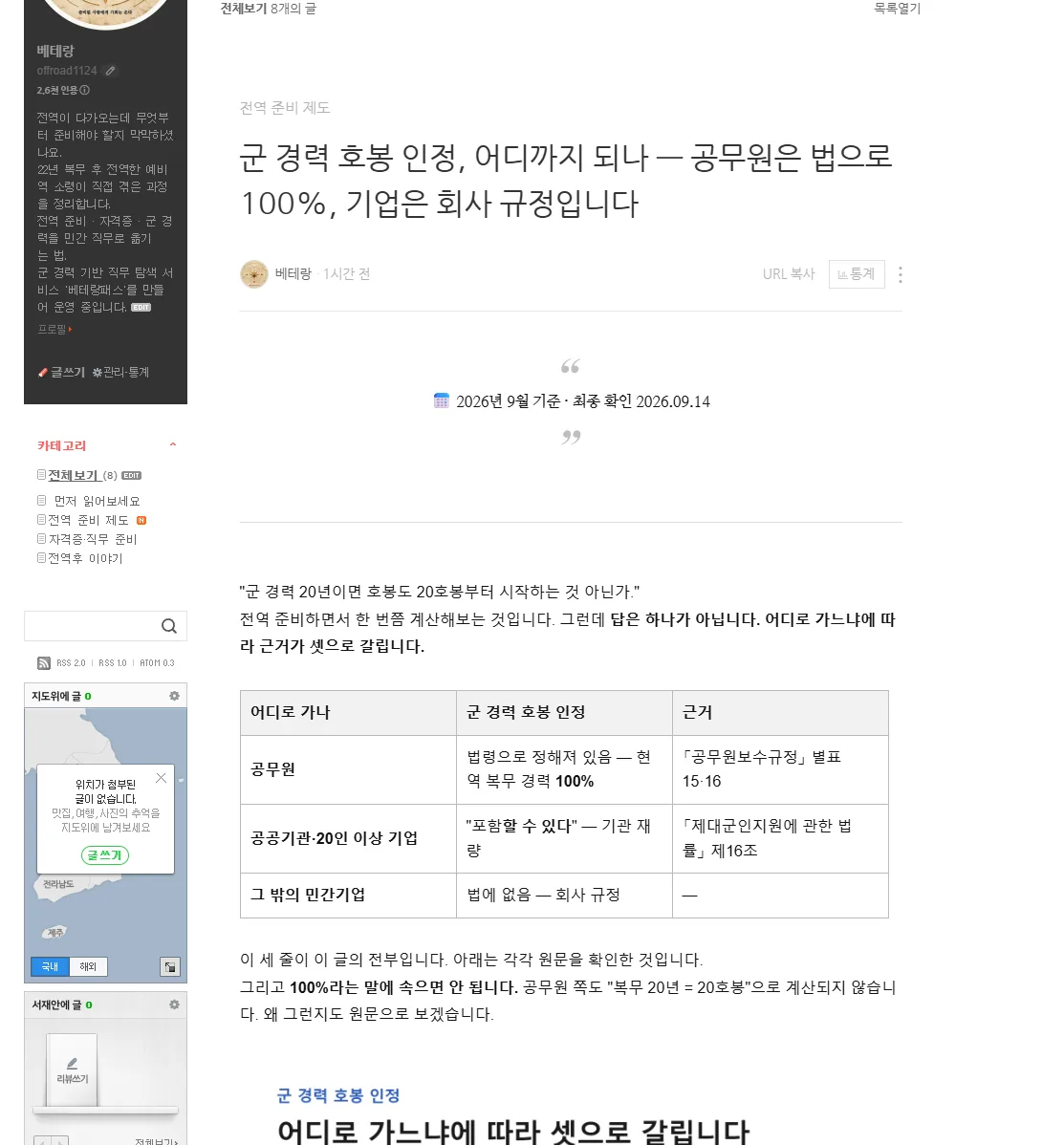발행글 '군 경력 호봉 인정' — 상단 기준일 배지(2026.09.14)와 본문 표·인라인 출처. 정책 수치는 반드시 공식 근거를 달고, 최종 확인 날짜를 배지로 박는다