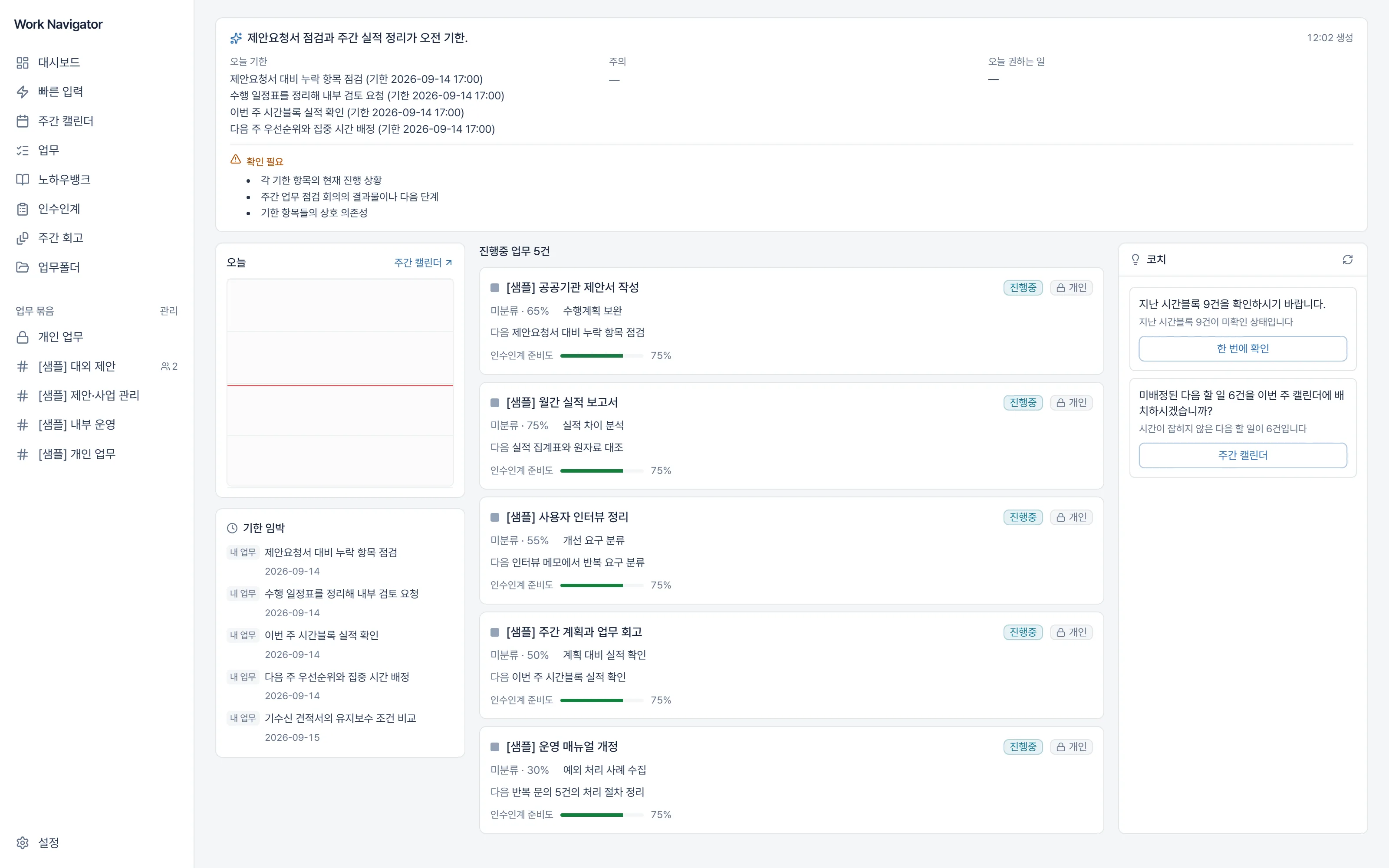 대시보드 — AI 브리핑이 오늘 기한을 묶어 주고, 확인하지 못한 것은 지어내지 않고 '확인 필요'로 남긴다. 우측 코치 제안에는 전부 실행 버튼이 붙는다